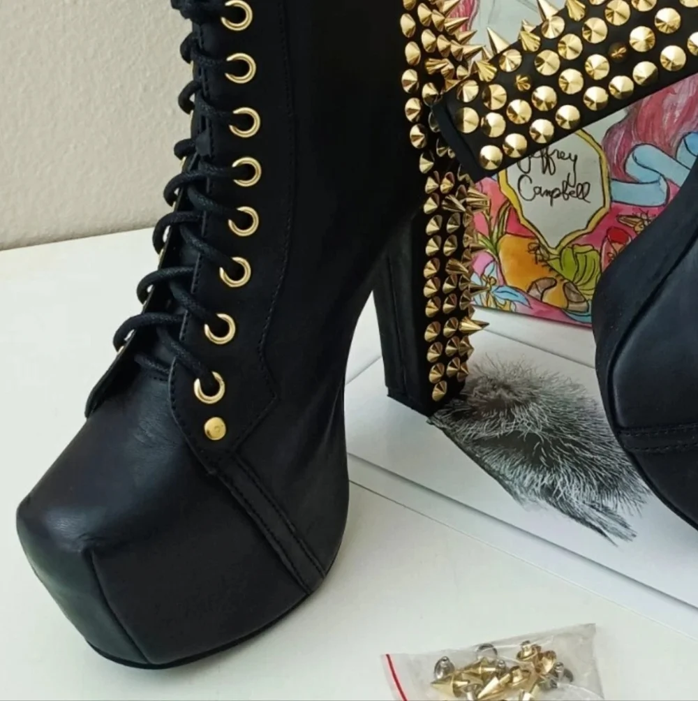 Jeffrey Campbell LITA Black Leather Gold Spikes Booties Size 6 - Picture 12 of 13